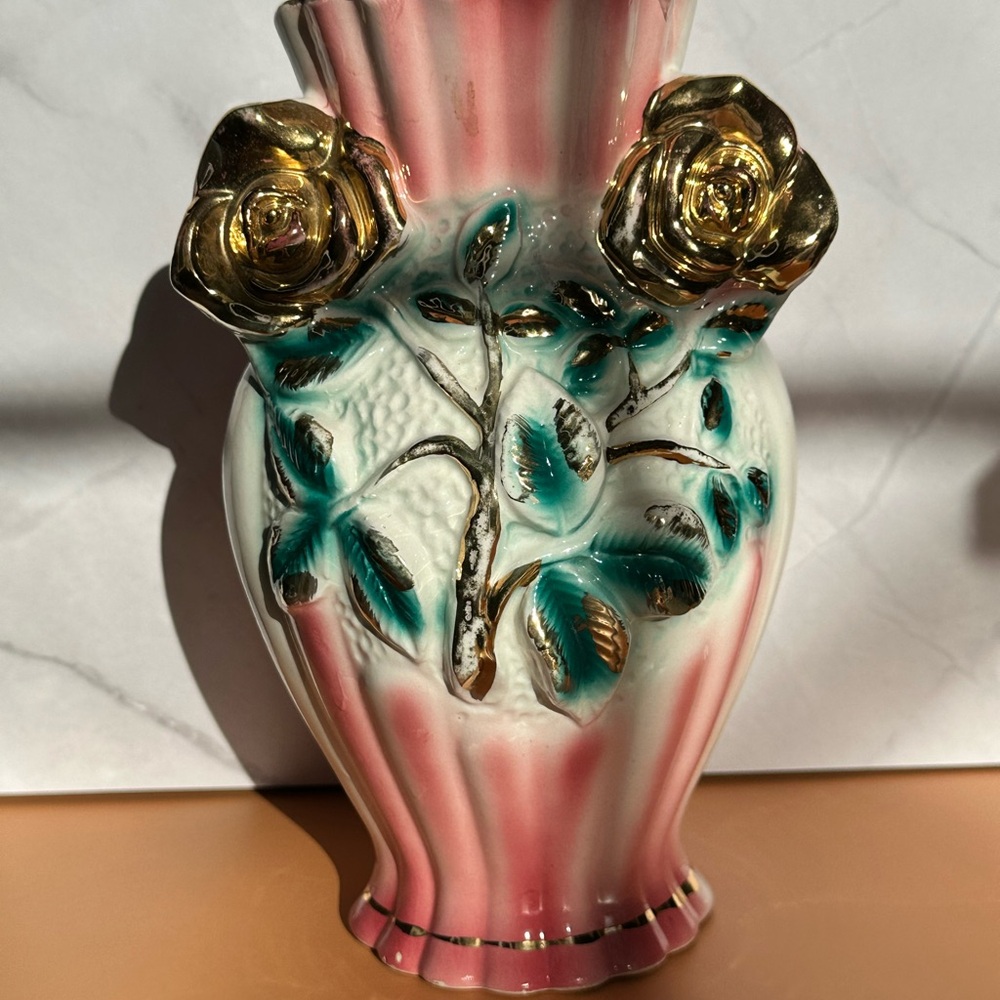 Vintage Elegant Pink and Gold Floral Vase